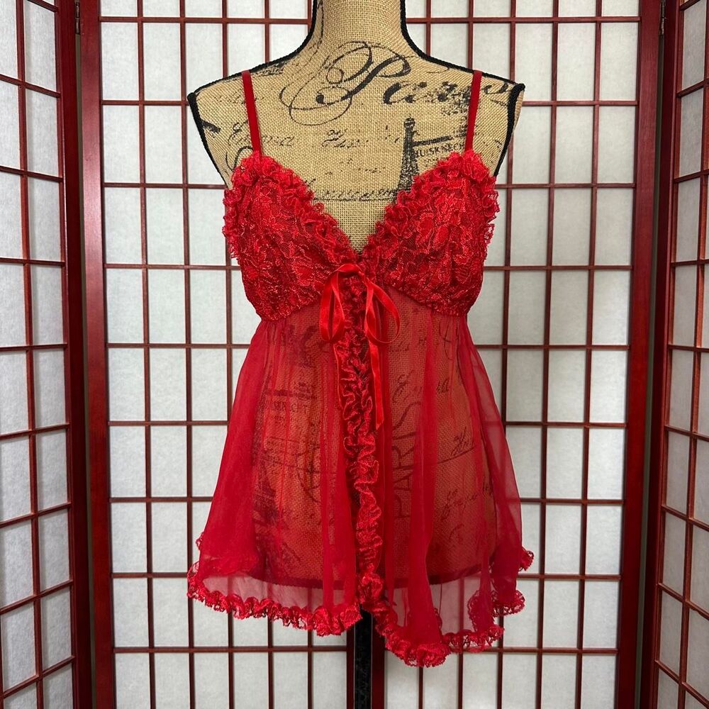 Vintage Fredericks of Hollywood Red Ruffle Lace Sheer Babydoll Chemise Lingerie